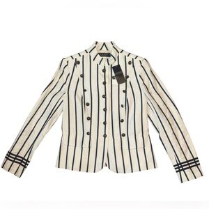 NWT Lauren Ralph Lauren White and Navy Striped Linen-Blend Blazer